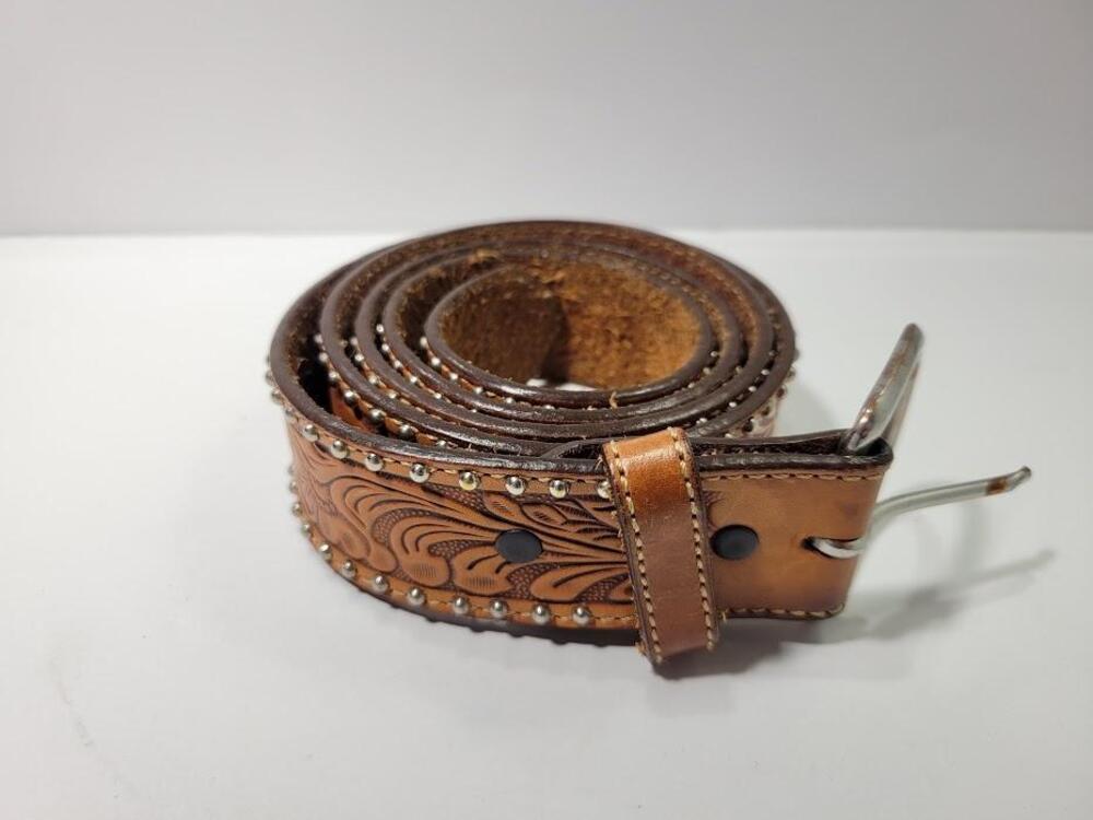 Western Leather Belt Mens Size 34 Brown Floral Tooled Studded Buckle Adjustable